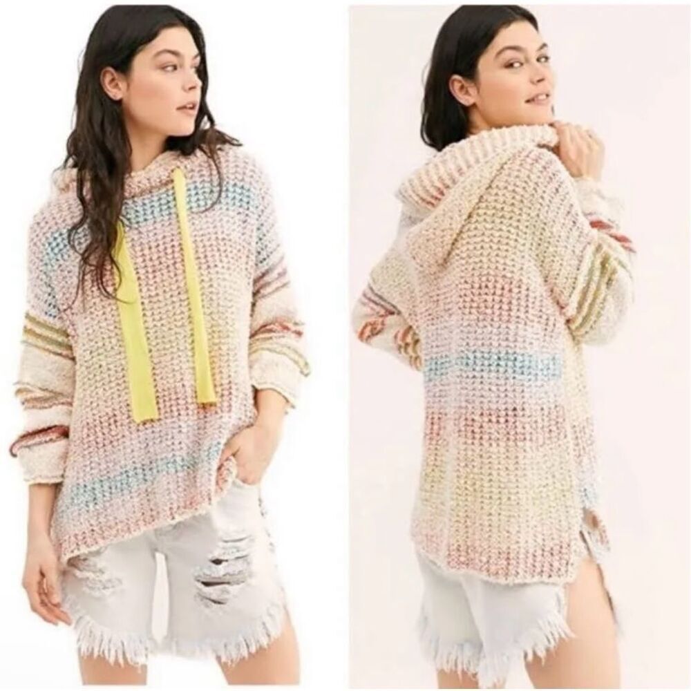 Free People Sit Next To Me Small Sweater Colorful Oversized Crochet Hoodie